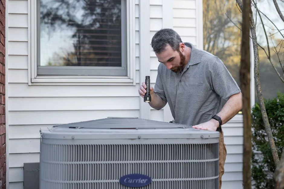 HVAC technician inspecting an outdoor unit with a flashlight