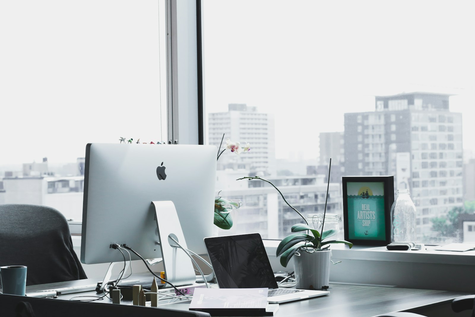 Office desk with a city view